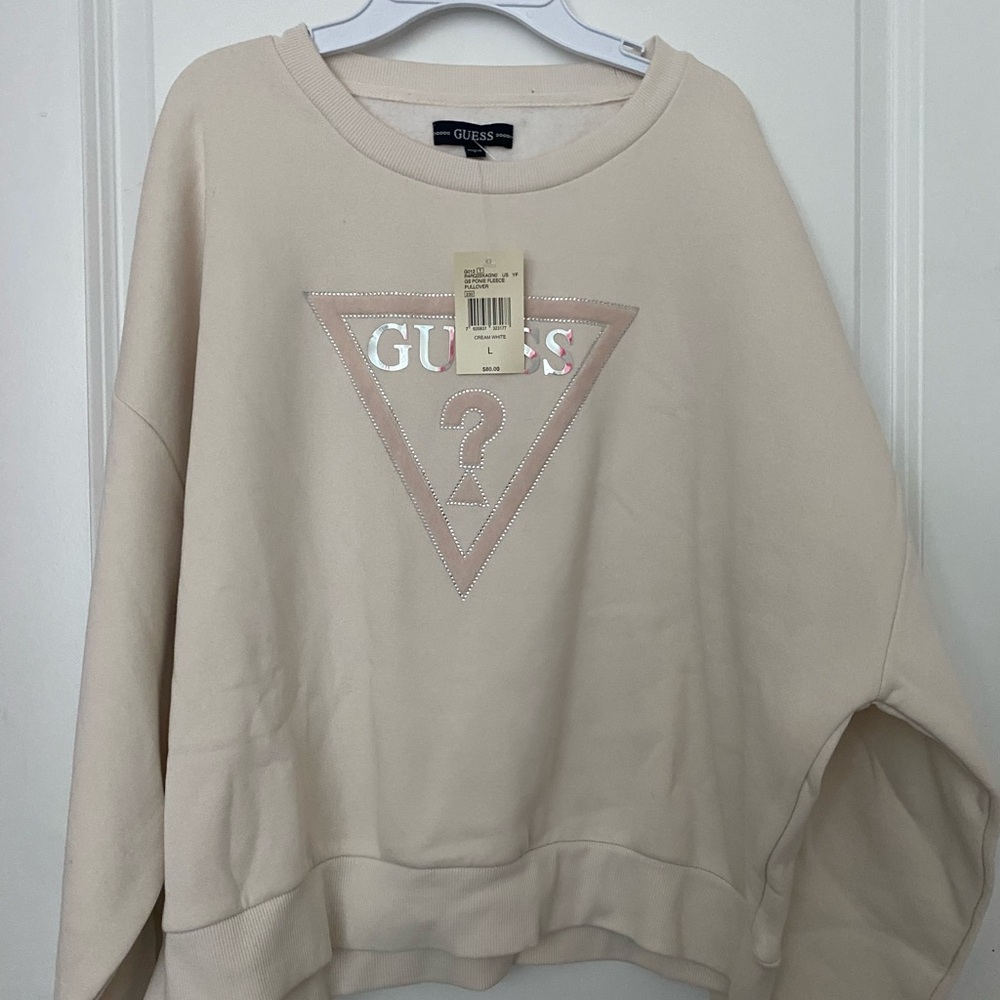 Guess Cream Crew Neck Sweater with Triangular Logo